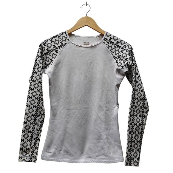Nike Pro Therma-Fit Long Sleeve Top White Black Pattern Raglan Base Layer - Picture 1 of 5